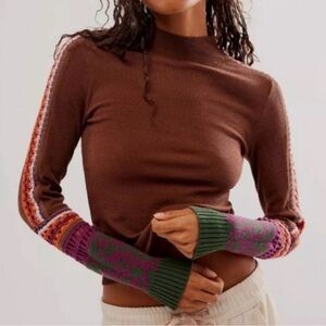 Free People Switch It Up Cuff Knit Boho Thermal Crochet Top Cocoa Brown Size XS